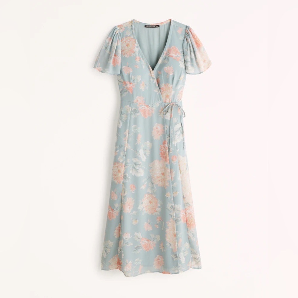 Abercrombie & Fitch Blue Floral Angel Sleeve Wrap Midi Dress (XS)